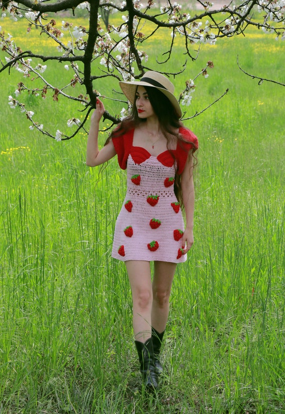 white christmas dresses Strawberry T-Shirt Dress and Purse Crochet Pattern – Maggie's Crochet