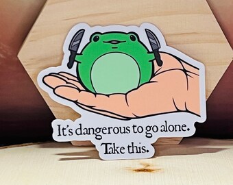 Vinyl Sticker, It's Dangerous to Go Alone, Take This, Frog with Knives, Dishwasher Safe, Funny, Nerdy, Pet, Zelda Reference, Toad