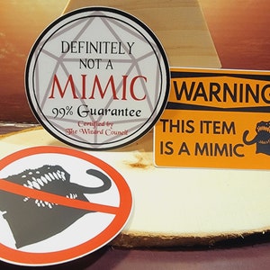 D&D Mimic Vinyl Stickers, Set of 3, Dishwasher Safe, Dungeons and Dragons ttrpg Pathfinder, Player and DM/GM Gift, Not a Mimic, Warning