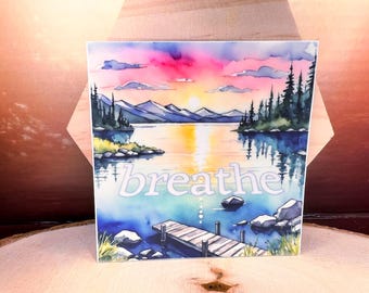 Vinylsticker Breathe: zonsondergang meer, meditatieherinnering