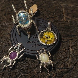 Puede incluir: Tres colgantes de escarabajo plateados y un colgante circular con una flor amarilla, sobre una base negra con el texto BRISING GEMS. Los colgantes de escarabajo contienen piedras ovaladas de color azul, morado y blanco.