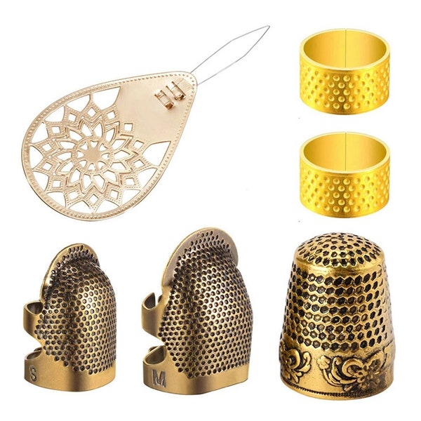 6pcs Sewing Thimble Finger Protector, Quilting Thimbler with Needle Threader, Embroidery Needlework Gadget, Brass Sewing Thimble