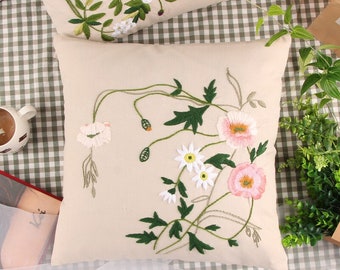Embroidered Pillow Case Kit, Embroidery Flowers Leaves Cushion Kit For Beginner, DIY Craft Kit Gift, Embroidery Home Decor Cross Stitch Kit