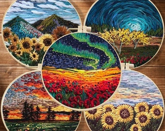 Scenery Embroidery Kit, DIY Needlework Embroidery Kit, Sunflower Sky Handcraft Needlework Gift, Landscape Kit