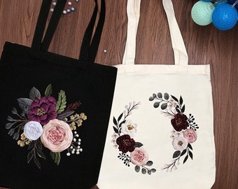 Embroidery Tote Bag Kit,  Colorful Flowers Embroidered Bag Kit, DIY Modern Cotton Bag Handcraft Embroidery Ddult Kit, DIY Handbag Gifts