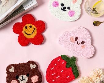 Punch Needle Coaster Kit, Cute Rabbit Strawberry Bear Handcraft Coaster Kit, Coaster Punch Needle Starter Kits, DIY Mug Coaster Kits Gift