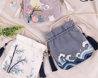 Drawstring Bag Kits, Floral Drawstring Bag Embroidery Kit For Beginner, Hand Embroidery Kit Gift, DIY Mini Storage Bag, Chinese Style Bag