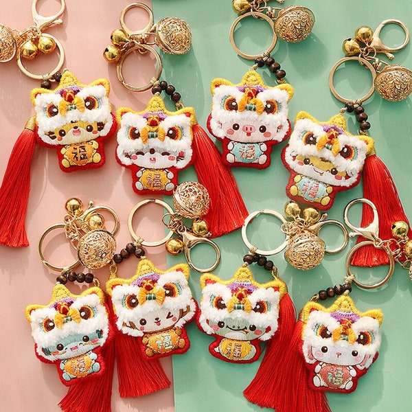 Embroidery Keychain Kit, Chinese Lion Embroidery Kit, Cute Animal Sachet Amulet Cross Stitch Kit, DIY Handcraft Keychain Kit Gifts