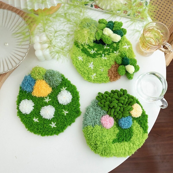 Punch Needle Coaster Kit, Cute Green Moss Lichen Handcraft Coaster Kit, Coaster Punch Needle Kits, DIY 3D Mug Coaster Kit Gifts