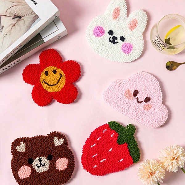 Punch Needle Coaster Kit, Cute Rabbit Strawberry Bear Handcraft Coaster Kit, Coaster Punch Needle Starter Kits, DIY Mug Coaster Kits Gift