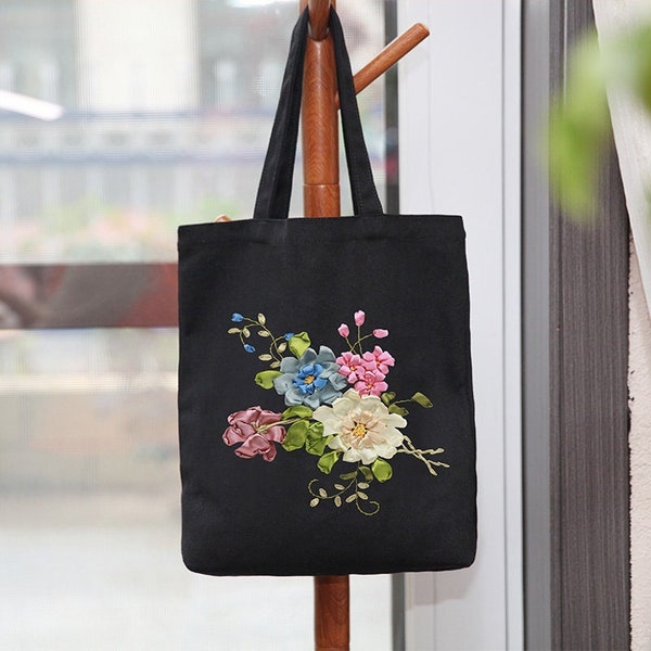 Embroidery Tote Bag Kit, DIY Flower Silk Ribbon Embroidery Bag Kit, Modern Bag Hand Embroidery Kit, Canvas Handbag Kit Gifts For Friends