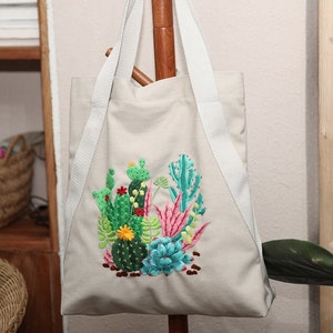 Embroidery Tote Bag Kit, Flowers Plants Cactus Embroidered Canvas Handbag Kit, DIY Modern Bag Adult Hand Embroidery Kit Gifts