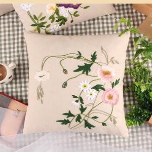 Embroidered Pillow Case Kit, Embroidery Flowers Leaves Cushion Kit For Beginner, DIY Craft Kit Gift, Embroidery Home Decor Cross Stitch Kit