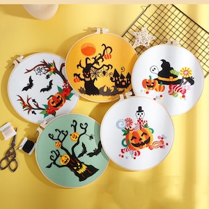 Halloween Embroidery Kit Beginner, DIY Ghost Pumpkin Spider Project Embroidered Kit For Halloween, Halloween Handcraft Needlework Gift