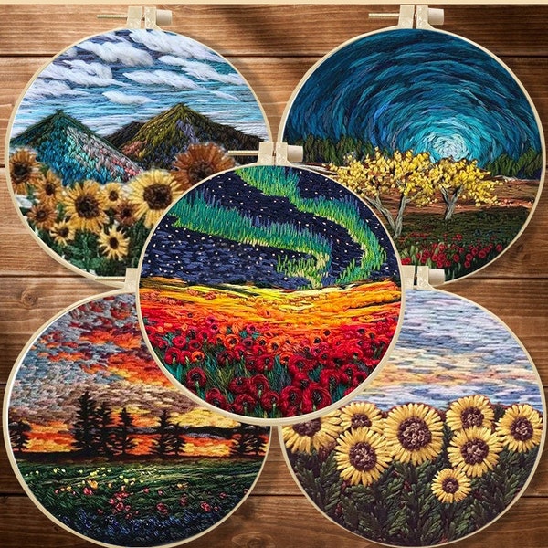 Scenery Embroidery Kit, DIY Needlework Embroidery Kit, Sunflower Sky Handcraft Needlework Gift, Landscape Kit