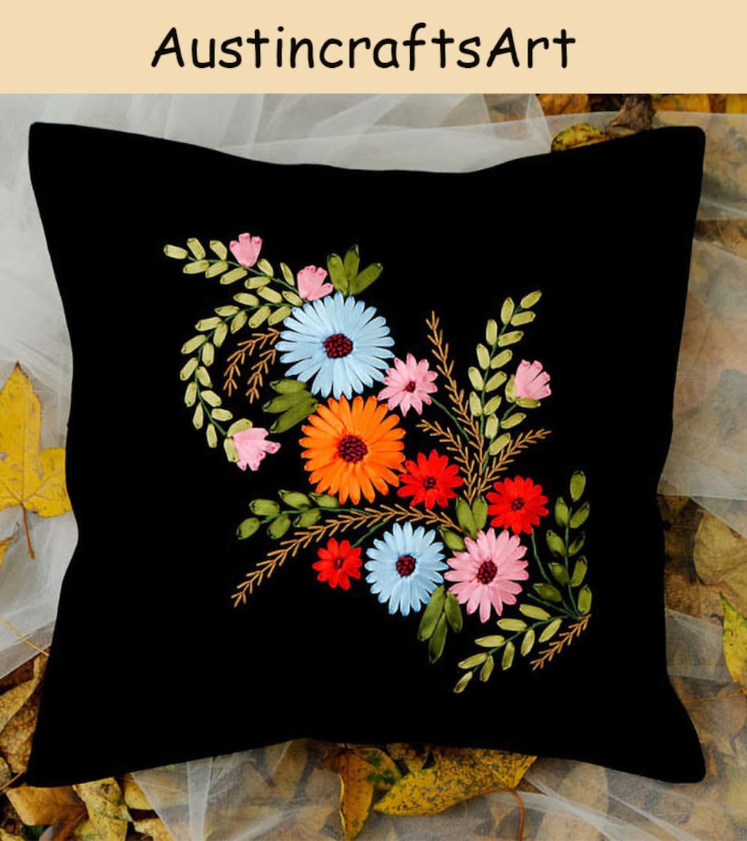Embroidered Pillow Case Kits, Colorful Flowers Silk Ribbon Embroidery