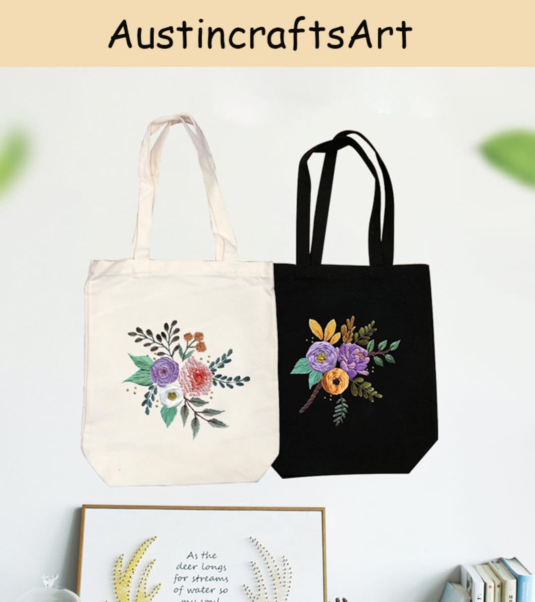 Embroidery Tote Bag Kit, Floral Embroidered Bag Kit, DIY Modern Linen Hand Embroidery Bag, Adult