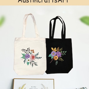 Embroidery Tote Bag Kit, Floral Embroidered Bag Kit, DIY Modern Linen Hand Embroidery Bag, Adult Kit, DIY Canvas Bag Gifts For Friends