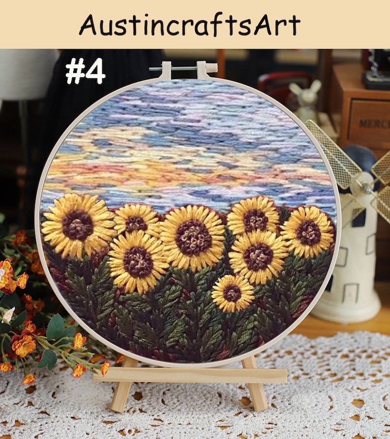 Scenery Embroidery Kit, DIY Needlework Embroidery Kit, Sunflower Sky Handcraft Needlework Gift, Landscape Kit #4