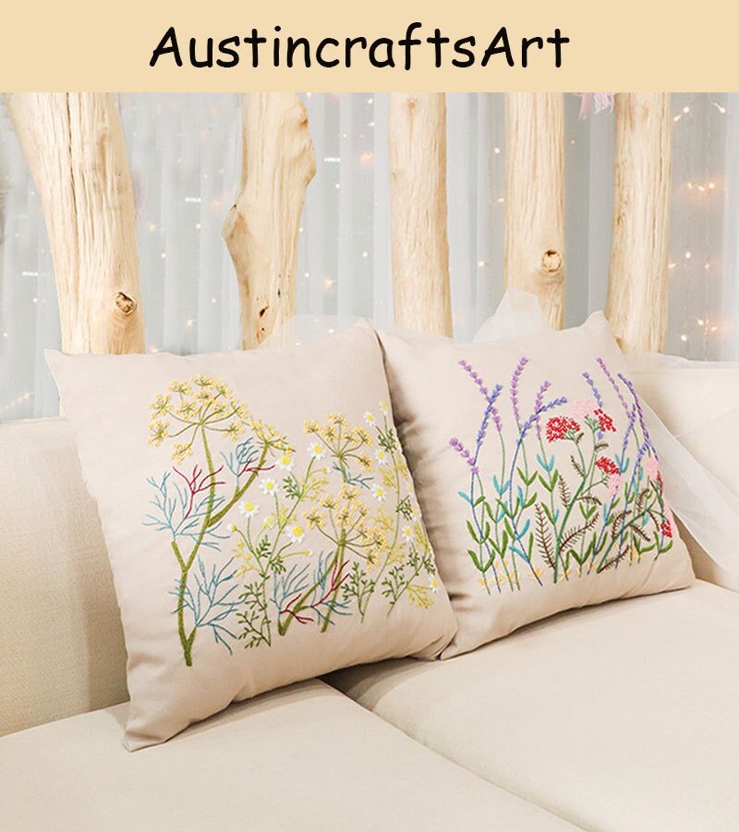 Embroidered Pillow Case Kit, Floral Beginner Embroidery Cushion Kit