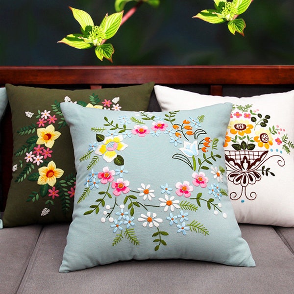 She Love Embroidery Kit Pillow Cushion Case, Flowers Embroidery Kit, Flower Cross Stitch Set