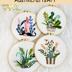 Cat Embroidery Kit, DIY Cat And Plants Embroidered Kit, Cute Animal Plants Hand Embroidery Kit Gifts, Beginner Embroidery Kit With Hoop