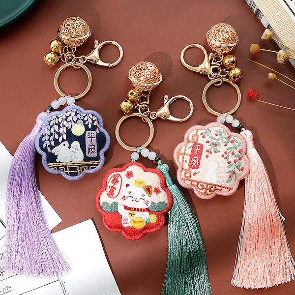 Blessing Amulet Embroidery Kit with Keyring, Funny Cartoon Hand Embroidery Kit, DIY Craft Kit Gift