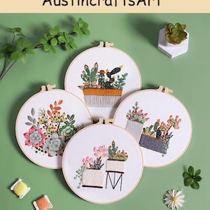 Succulent Plant Embroidery Kit: Modern DIY Needlepoint with Hoop