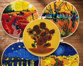 Van Gogh Embroidery Kit, DIY Embroidered Handcraft Kit With Hoop, DIY Sunflower Embroidery Kit, Home Decoration Needlepoint Gifts