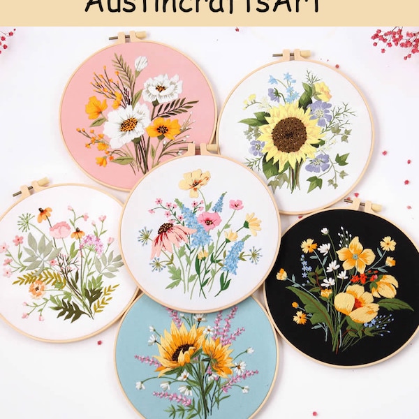 Beginner Embroidery Kits For Adults, Flowers Embroidery Kit, DIY Hand Embroidery Full Kit