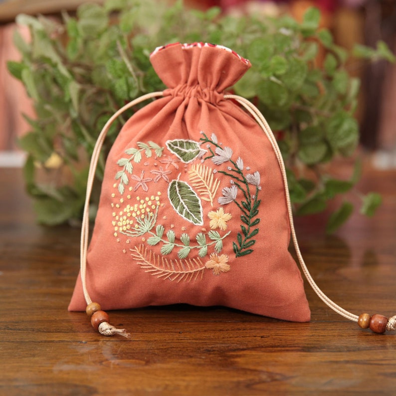 Hand Embroidery Drawstring Bag Floral Beginner Embroidery Etsy