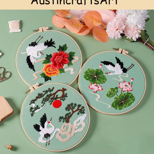 Crane and Flower Embroidery Kit, Hand Embroidery Kit for Beginners, Chinese Style DIY Embroidery Kit