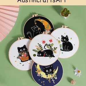 Black Cat Embroidery Kits, Cute Flowers Moon Cat Embroidered Kit, DIY Animal Plants Hand Needlework Project, Home Wall Ornament Kit Gifts