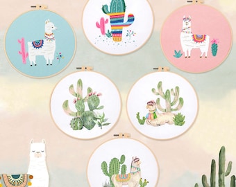 Cactus Alpaca DIY Embroidery Kit, Modern Embroidery Kit Cross Stitch, Cactus Embroidery Kit Needlepoint, DIY Craft Kit