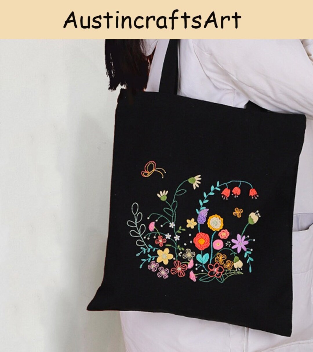 Embroidery Tote Bag Kit, DIY Flowers Embroidered Canvas Handbag Kit, DIY Modern Bag Adult Hand