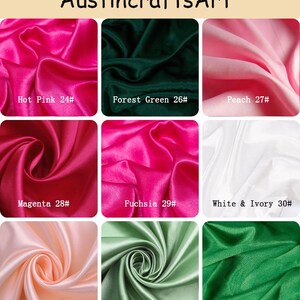 May include: A grid of nine fabric swatches labeled Austin crafts Art, featuring satin-like material in colors: Hot Pink 24#, Forest Green 26#, Peach 27#, Magenta 28#, Fuchsia 29#, White & Ivory 30#, Champagne Pink 33#, Mint 35#, and Kelly Green 36#.