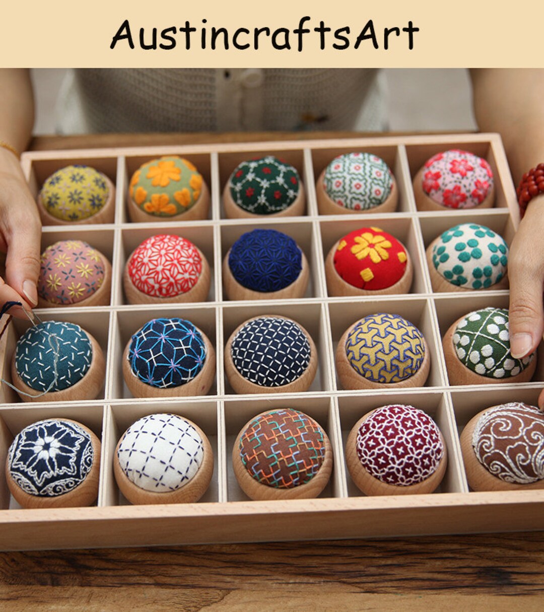 Wooden Pin Cushion Pin Keeper, Seamstress Pincushion Various Patterns