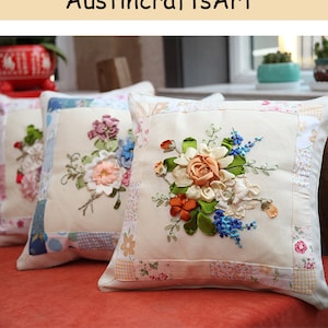 Embroidered Pillow Case Kits, Floral Silk Ribbon Embroidery Cushion Kit, DIY Embroidery Cross Stitch Throw Pillow Kit For Home Decor