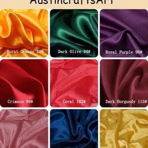 May include: A grid of nine fabric swatches from AustincraftsArt featuring satin-like material in various colors: Burnt Orange 88#, Dark Olive 94#, Royal Purple 98#, Crimson 99#, Coral 102#, Dark Burgundy 113#, Dusty Rose 118#, Dark Blue 125#, and Goldenrod 133#.