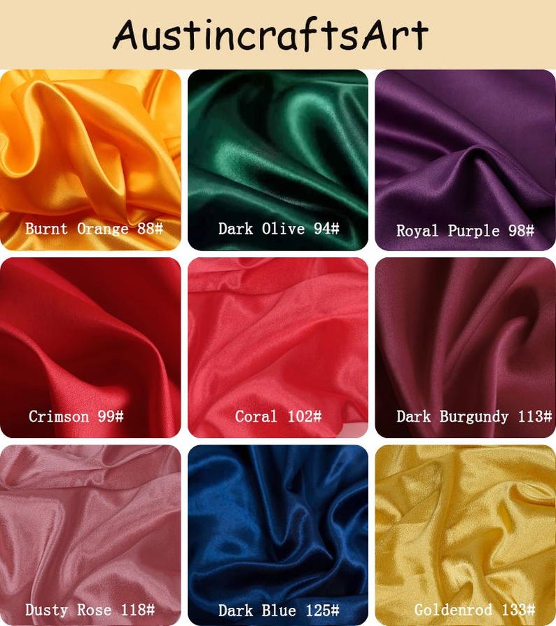 May include: A grid of nine fabric swatches from AustincraftsArt featuring satin-like material in various colors: Burnt Orange 88#, Dark Olive 94#, Royal Purple 98#, Crimson 99#, Coral 102#, Dark Burgundy 113#, Dusty Rose 118#, Dark Blue 125#, and Goldenrod 133#.