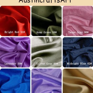 May include: A grid of nine fabric swatches labeled Austin crafts Art, featuring colors: Bright Red 51#, Army Green 54#, Taupe Gray 56#, Lavender 59#, Silver Gray 60#, Midnight Blue 62#, Royal Blue 68#, Purple 69#, and Light Khaki 70#.