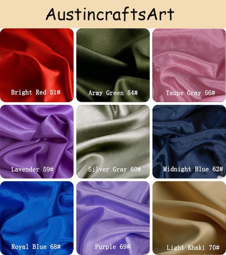 May include: A grid of nine fabric swatches labeled Austin crafts Art, featuring colors: Bright Red 51#, Army Green 54#, Taupe Gray 56#, Lavender 59#, Silver Gray 60#, Midnight Blue 62#, Royal Blue 68#, Purple 69#, and Light Khaki 70#.