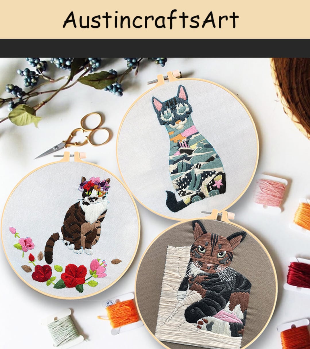 Cat Embroidery Kit, Animal Pattern DIY Embroidery Kit, Cat Lover Gift