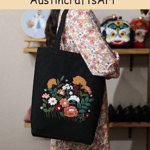 Stickerei Canvas Bag Kit, Stickerei Canvas Kit, Besticktes Blumen Kit, Handstickerei Kit, Canvas Tasche Bag Bag für Anfänger, DIY Stickerei