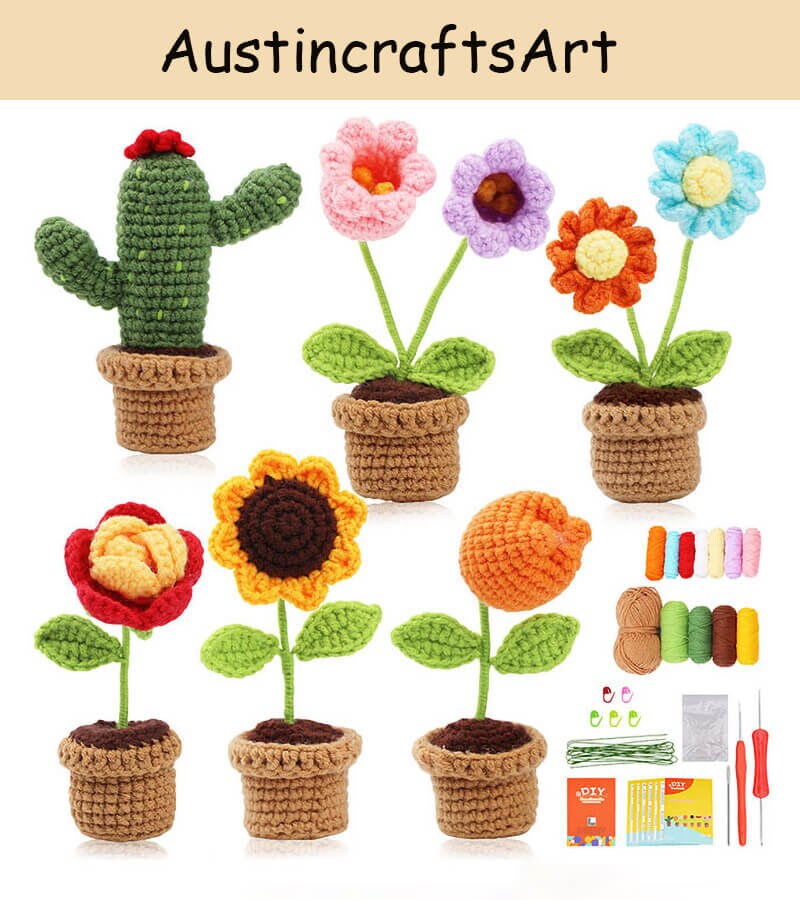 Flower Crochet Kit Tulip Flowerpot Step-by-step Video Tutorial DIY