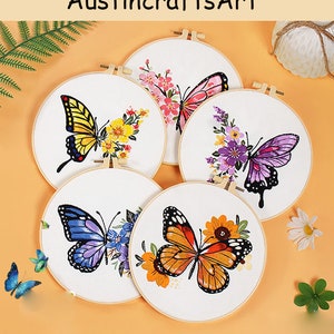 Butterfly Embroidery Kit For Beginner, Modern Floral Butterfly Embroidery Design Kit, Handcraft Embroidery Full Kit with Needlepoint Hoop