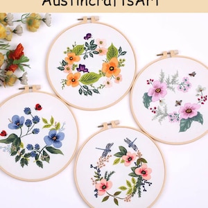 Insect Embroidery Kit, Flowers Butterfly Dragonfly Bee Beginner Embroidered Kit, DIY Hand Needlework Projects, Wall Ornament Decor Gifts