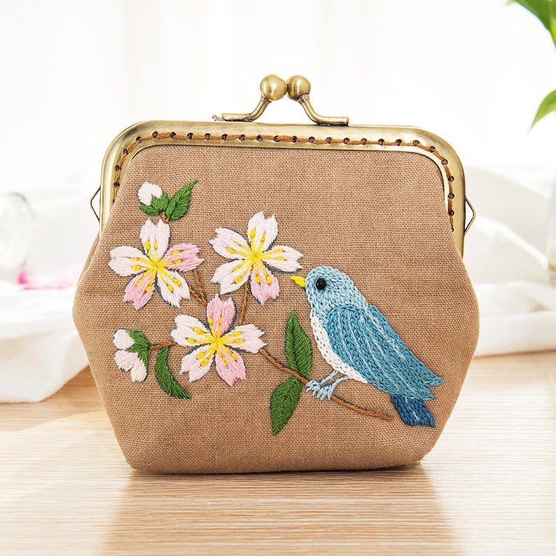 DIY Coin Purse Embroidery Kit Floral Bird Pattern Storage Bag Etsy