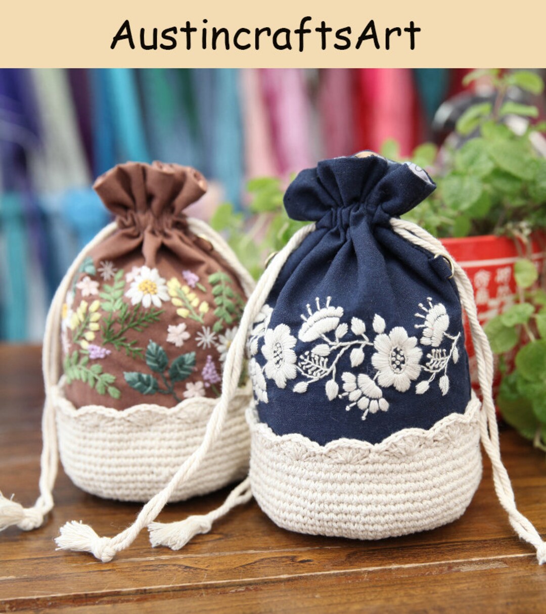 Drawstring Pouch Embroidery Sewing Kit, Flowers Hand Embroidery Small Bag Kit, Floral Beginner