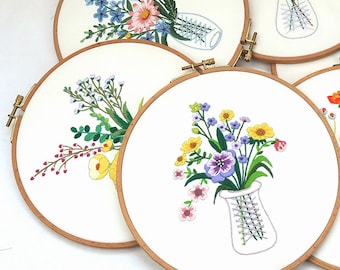 DIY Flower Vase Embroidery Kit, Flowers Bottle Embroidery Kit for Beginner, Hand Embroidery Kit, Modern Embroidery Hoop Art